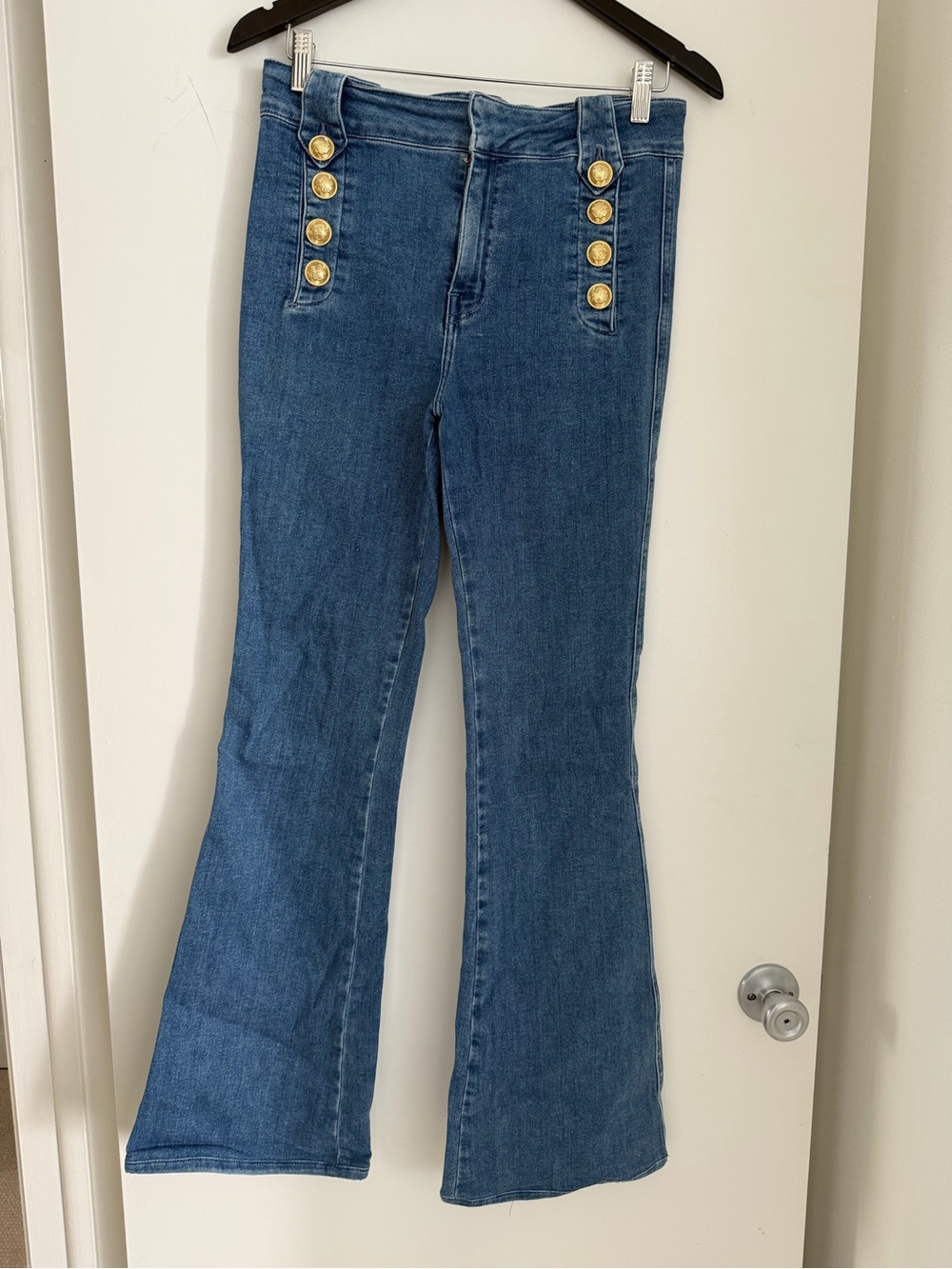 10 Crosby Derek Lam Blue Flared Jeans with Gold Buttons SZ 29